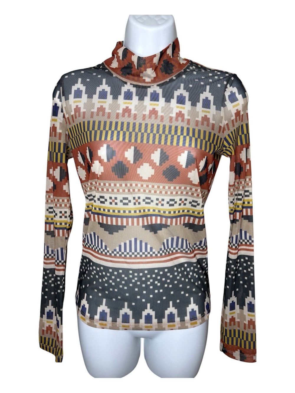 Henrik Vibskov Women’s Vtg Artsy Sheer Mesh Long Sleeve Top Sz S Geometric Brown